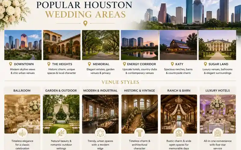 Popular Houston wedding venue styles and wedding locations featuring elegant ballroom receptions, outdoor ceremonies, luxury hotels, and modern wedding celebration settings in Houston